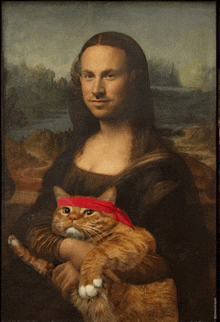 a painting of a woman holding a cat with a red band around its neck