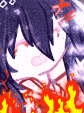 a close up of a drawing of a girl with flames around her neck
