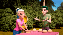 a boy and a girl are standing next to each other talking