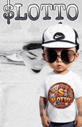 a little boy wearing sunglasses and a baseball cap stands in front of a sign that says lotto