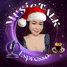 a woman wearing a santa hat is surrounded by a microphone and a cup of espresso