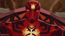 a close up of a cartoon character with a red and black suit