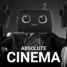 a black and white poster for absolute cinema with a robot on his head