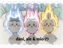 a cartoon drawing of dani ale and mio with a heart