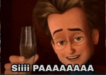 a man with glasses is holding a glass with the words siiii paaaaaa on it
