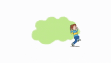 a cartoon of a boy pointing to a green cloud
