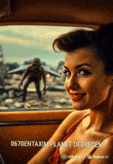a woman sitting in a car with the words 0670entaxim planet debrecen on the bottom