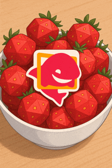 a bowl of strawberries with a sticker that looks like a fish