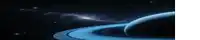 a planet with a blue ring around it and a galaxy in the background