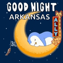a penguin is sleeping on a crescent moon with the words good night arkansas above it