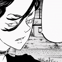 a black and white drawing of a man 's face with a speech bubble in the foreground