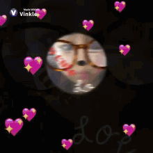 a picture of a girl wearing glasses with the words made with vinkle on the bottom