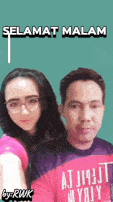 a man and a woman standing next to each other with selamat malam written on the top