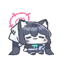 a pixel art drawing of a cat girl with long black hair and a pink halo .