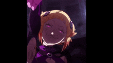 a girl with yellow hair and purple eyes is making a funny face .