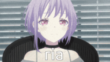 a girl with purple hair is sitting in a chair with the name ria on her chest
