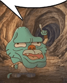 gumball from the amazing world of gumball is holding a spoon in his hand and talking .