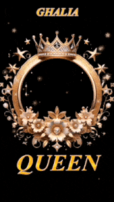 a gold frame with a crown and the word queen