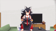 two anime girls standing next to each other in front of a television
