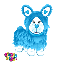 a blue and white stuffed animal with the words fluffy dogs on the bottom right