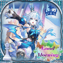 a picture of a girl and a chess piece with the words good morning on it