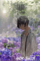 a painting of a boy in a field of purple flowers with the name anim juuzya on it