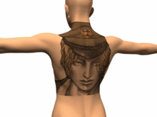 a woman has a tattoo of a man wearing a hat