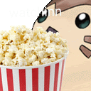 a striped cup of popcorn next to a cartoon face