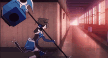 a girl is holding a large axe in a dark hallway