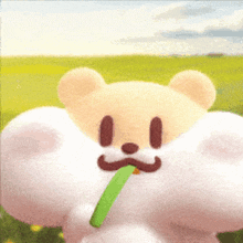 a teddy bear with a mustache is holding a green straw