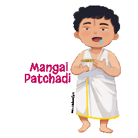 a cartoon drawing of a man holding a bowl of mangai patchadi