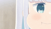 a close up of a girl 's face with a white hair and blue eyes