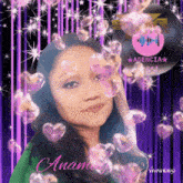 a woman 's face is surrounded by pink hearts and a sign that says agencia