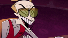 a cartoon of a man wearing sunglasses and a red vest says how