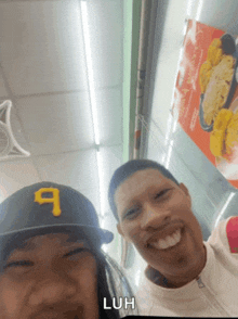 a man and a woman are posing for a picture and the man is wearing a hat with the number 9 on it