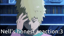 a pixel art of a boy holding his head with the words nell 's honest reaction : 3 below him .
