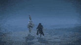 a person standing in a snowy field with a sword