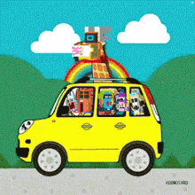 a cartoon of a yellow car with a rainbow on the roof