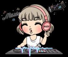 a cartoon drawing of a girl wearing headphones that say music