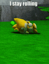 a cartoon character laying on the grass with the words " i stay rolling " below it