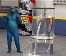 a man in a blue suit stands in front of a box of lex ape tape