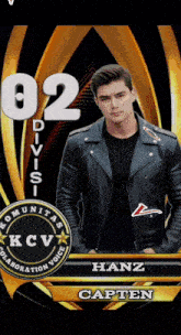 a man wearing a black leather jacket with the name hanz capten on the bottom