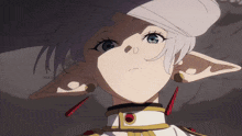 a close up of a cartoon character with white hair and ears