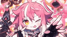 a drawing of a girl with pink hair and yellow eyes making a funny face