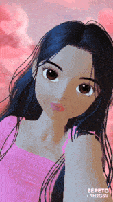 a cartoon girl with long black hair is wearing a pink top and a pink background