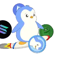 a penguin is sitting on a rocket holding a frog coin