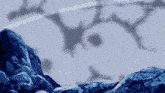 a close up of a painting of a mountain with a blue background