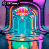 a poster for k9 finance shows a colorful room with a parachute hanging from the ceiling
