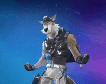a cartoon character with a wolf 's head is standing in front of a purple and blue background
