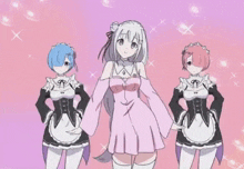 a group of three anime girls are standing next to each other on a pink background .